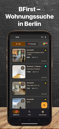 BFirst Berlin App Screenshot: Alerts fuer neue Wohnungsangebote in Berlin