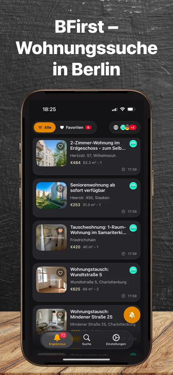 BFirst Berlin App Screenshot: Wohnungsfeed und Alerts auf dem iPhone