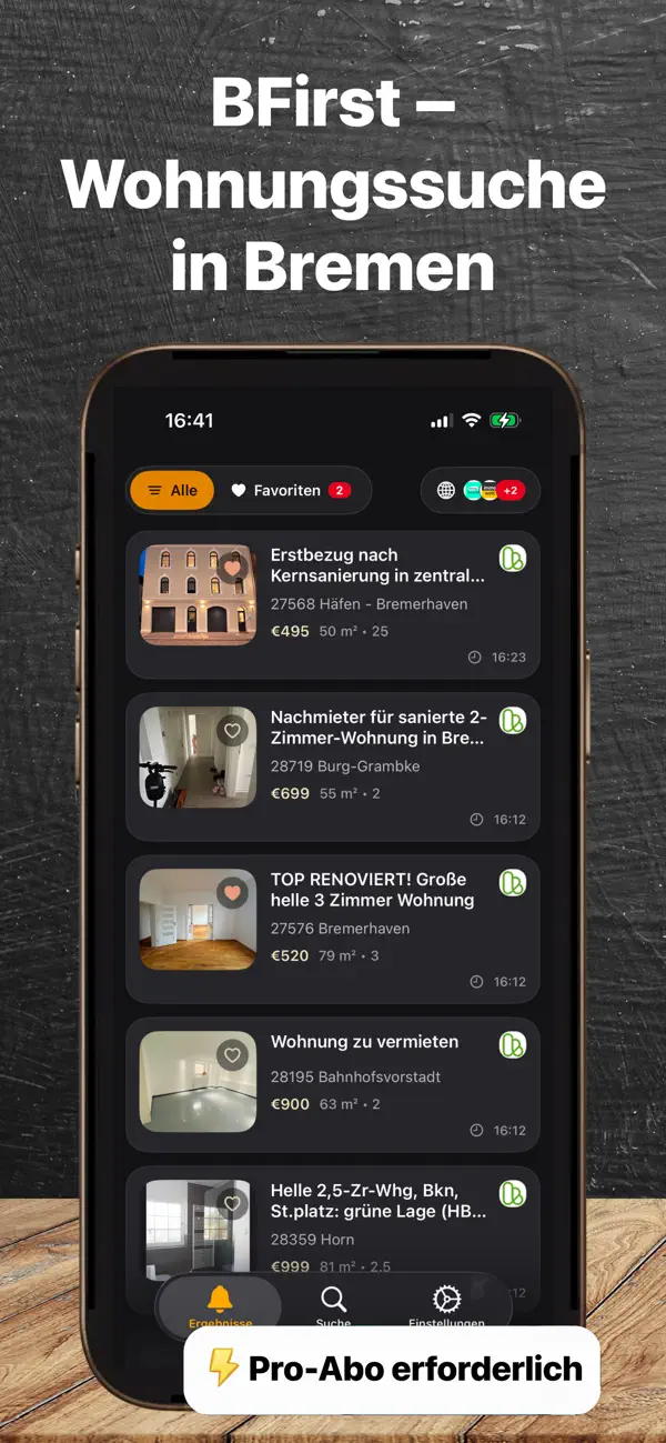 BFirst Bremen App Screenshot: Wohnungsfeed auf dem iPhone fuer Bremen