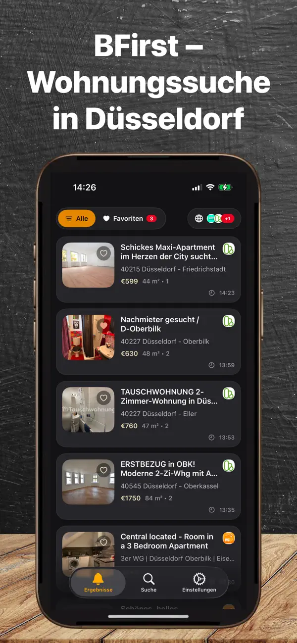 BFirst Duesseldorf App Screenshot: Wohnungsfeed auf dem iPhone fuer Duesseldorf