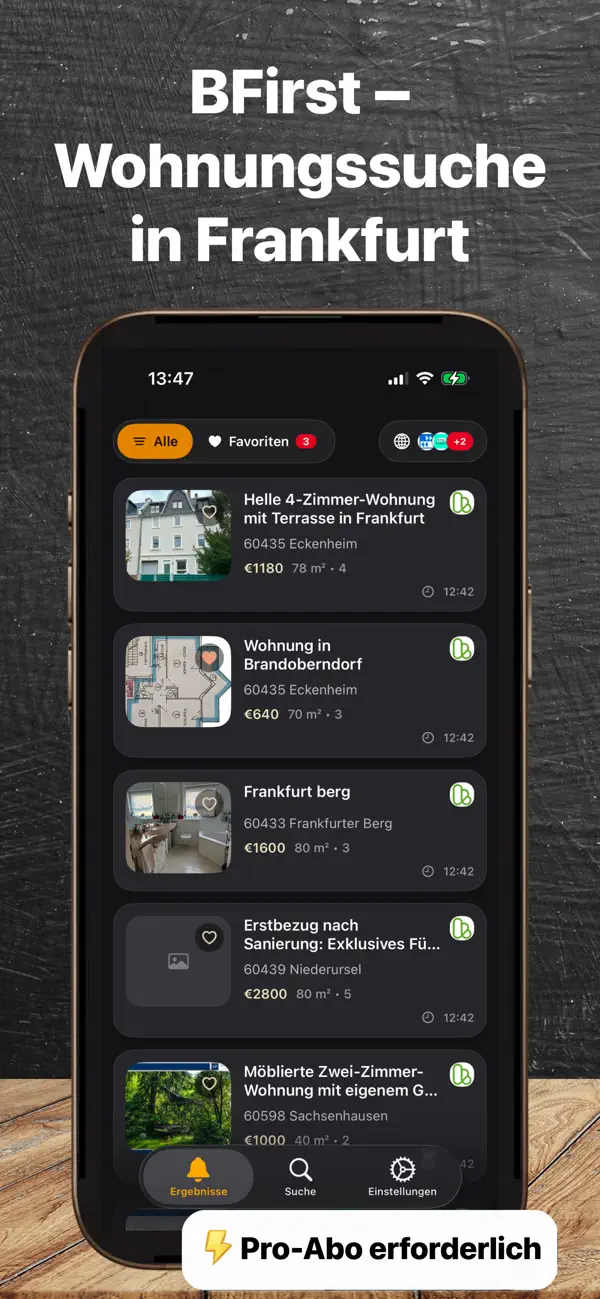 BFirst Frankfurt App Screenshot: Wohnungsfeed auf dem iPhone fuer Frankfurt