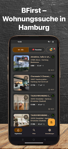 BFirst Hamburg App Screenshot: Alerts fuer neue Wohnungsangebote in Hamburg
