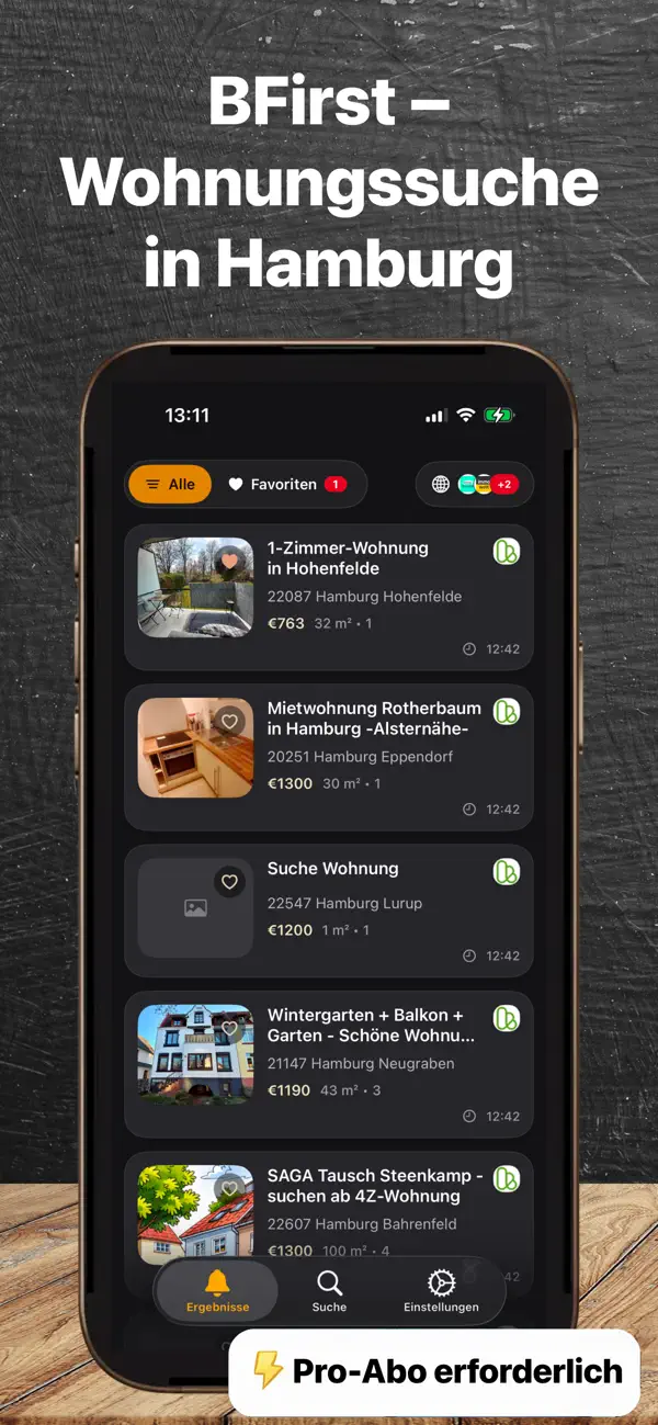 BFirst Hamburg App Screenshot: Wohnungsfeed auf dem iPhone fuer Hamburg