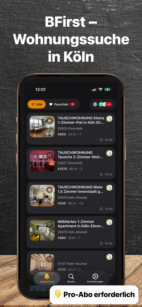 BFirst Koeln App Screenshot: Wohnungsfeed auf dem iPhone fuer Koeln