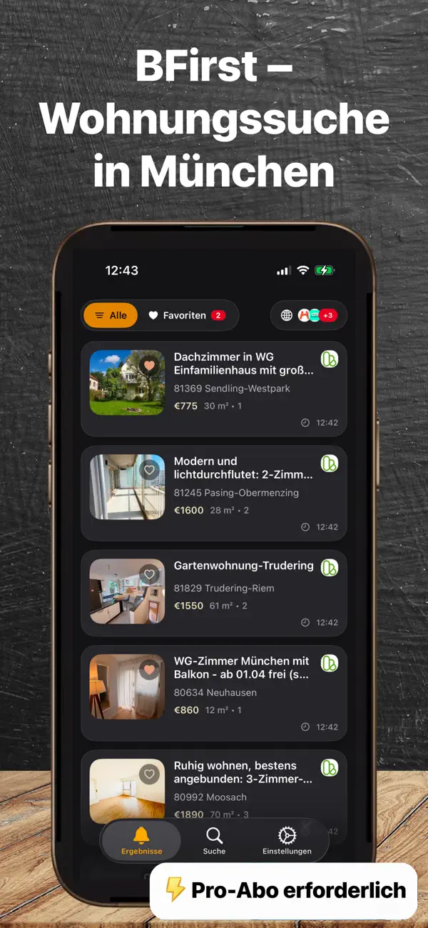 BFirst Muenchen App Screenshot: Wohnungsfeed auf dem iPhone fuer Muenchen
