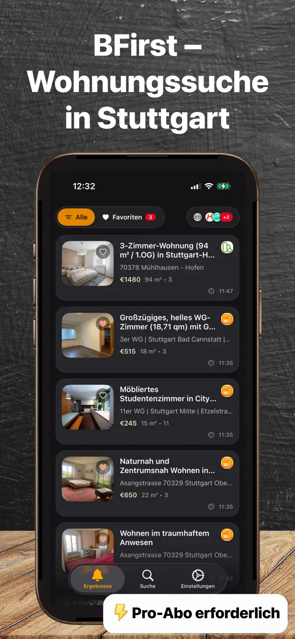 BFirst Stuttgart App Screenshot: Wohnungsfeed auf dem iPhone fuer Stuttgart