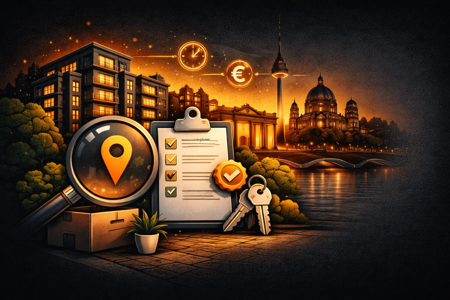 Dunkles Editorial-Cover zur Wohnungssuche in Berlin-Mitte mit stilisiertem Gebäude, Lupe mit Standort-Pin und Blitz/Clock-Symbol für schnelle Reaktion, rechts viel Freiraum für die Überschrift.
