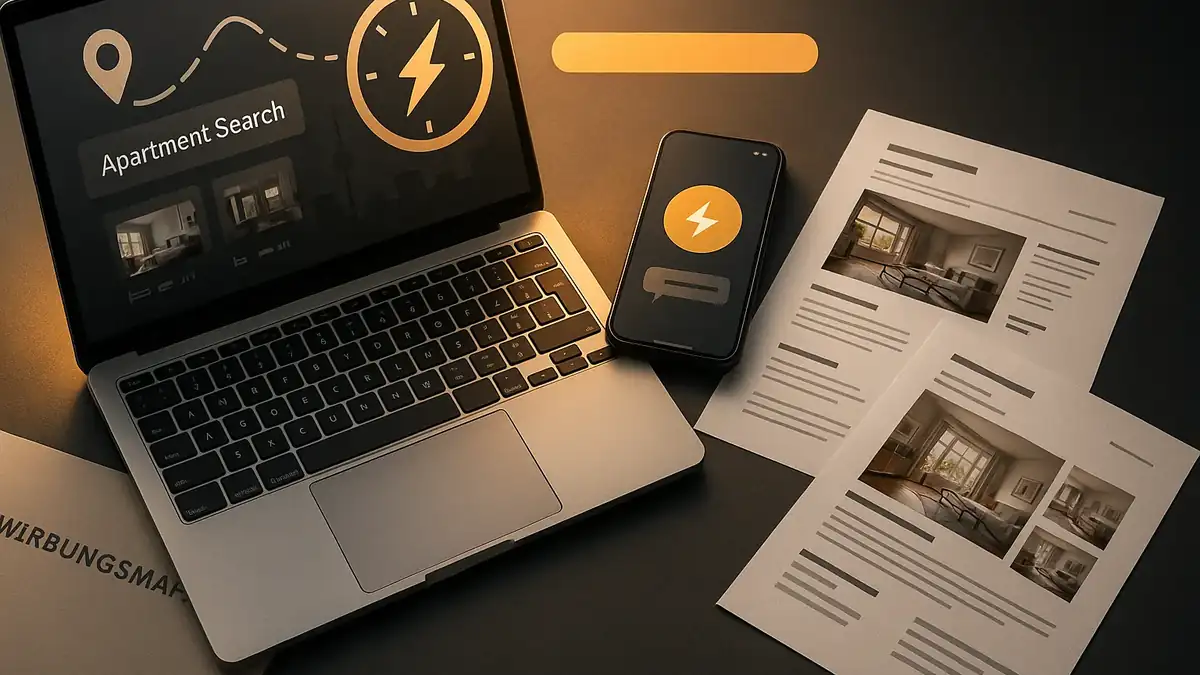 Illustration: Wohnung finden in Reinickendorf 2026: Speed‑Workflow, Bewerbungsmappe & Checkliste – Speed-Workflow, Smartphone Alerts, lightning/clock motif