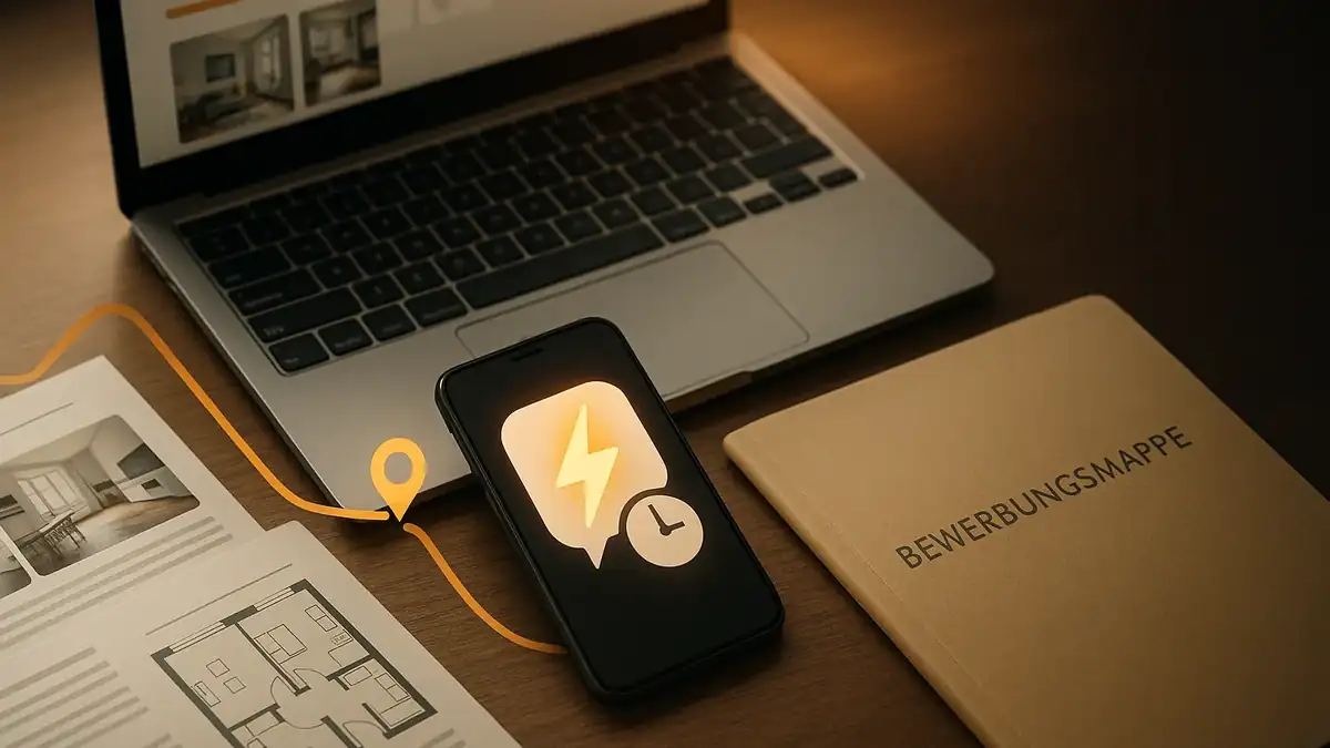 Illustration: Wohnung in Weißensee finden 2026 — Speed‑Workflow, Vorlagen & Checklisten – Speed-Workflow, Smartphone Alerts, lightning/clock motif