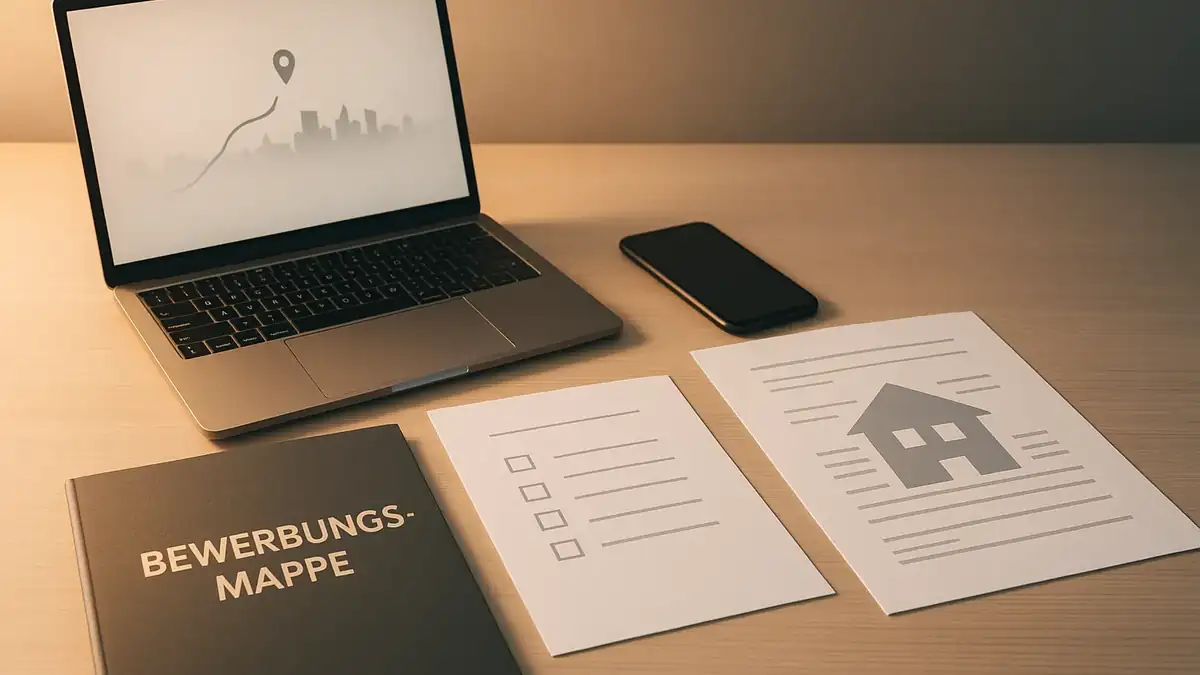 Illustration: Wohnungssuche Berlin: Wie lange dauert’s wirklich? (Und wie du es halbierst) – Bewerbungsmappe (PDF), Dokumente, Checkliste