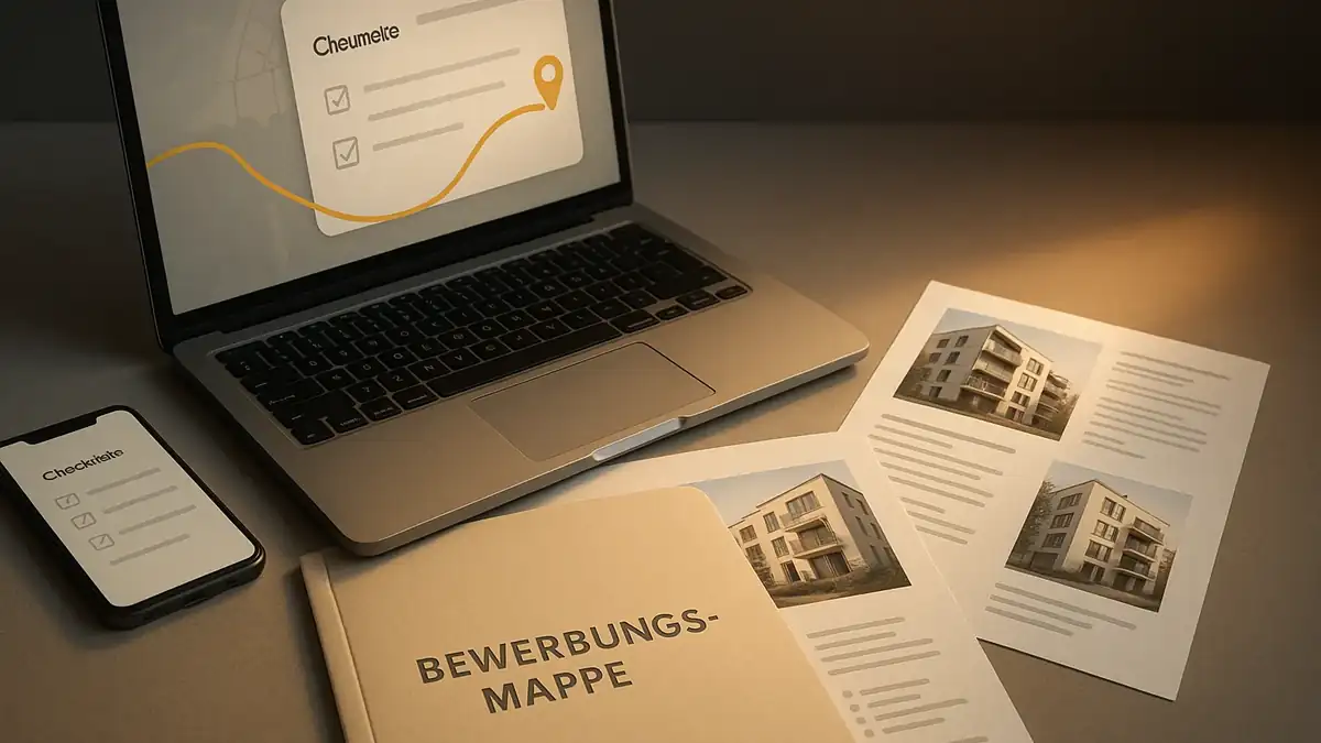 Illustration: Wohnungssuche in Zehlendorf: Villen, hohe Mieten & wie Normalverdiener dennoch fündig werden – Bewerbungsmappe (PDF), Dokumente, Checkliste